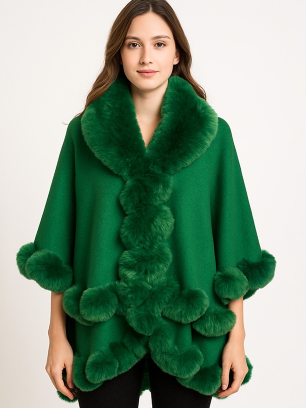Women's Green Faux Fur Trim Cape Sweater